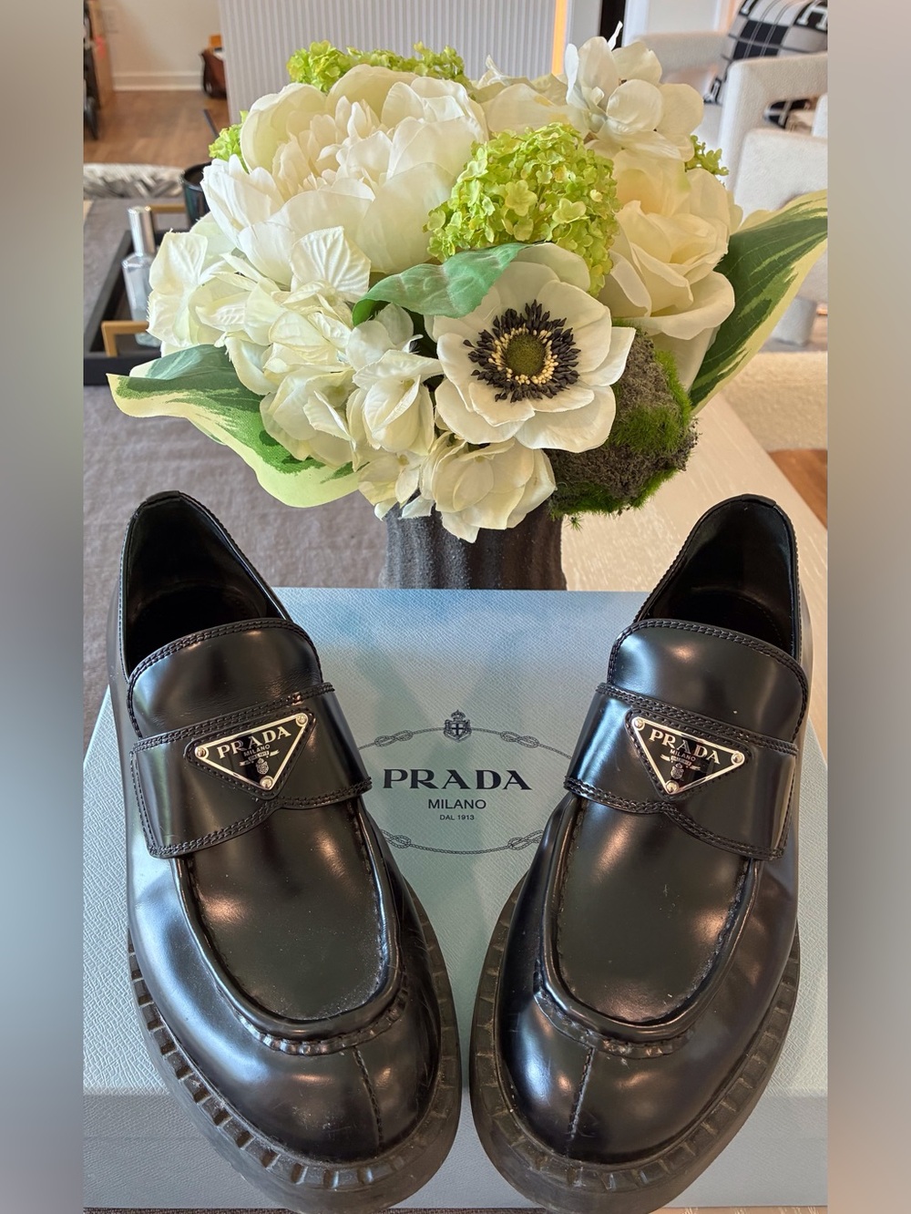 Prada Brushed Leather Triangle Loafers